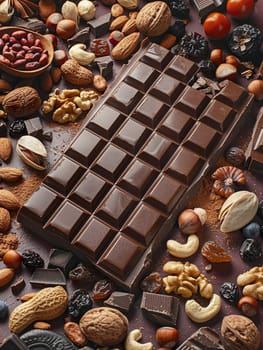 A chocolate bar sits surrounded by nuts and chocolate pieces, showcasing rich textures and natural ingredients.