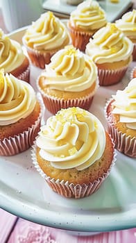 Homemade lemon cupcakes with buttercream frosting, baking recipe