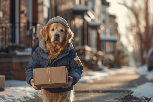 A dog is holding a cardboard box in its mouth. The dog is standing on a street in front of a house