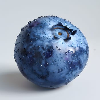 A juicy blueberry with water droplets on a white background, showcasing the natural beauty of this seedless fruit. Blueberries are a delicious and nutritious fruit that grows on a small shrub