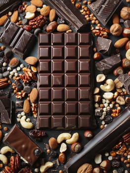 A bar of chocolate surrounded by nuts and chocolate pieces, creating a textured and appetizing display.