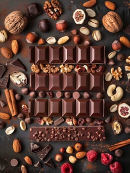 A bar of chocolate is surrounded by a variety of nuts and chocolate pieces, creating a rich and appetizing display.
