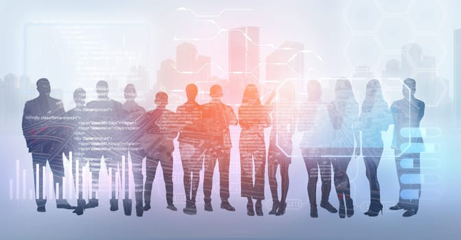 Creative image of silhouettes of businesspeople standing together on abstract gray background