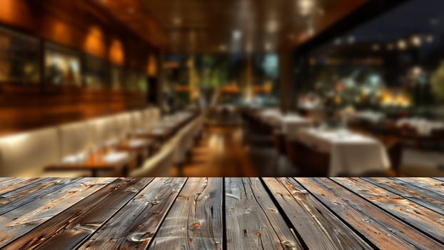 A pristine wooden table featured in front of softly blurred restaurant scene at night. This setting offers perfect table space for placing food culinary displays, reflecting restaurant's ambiance.