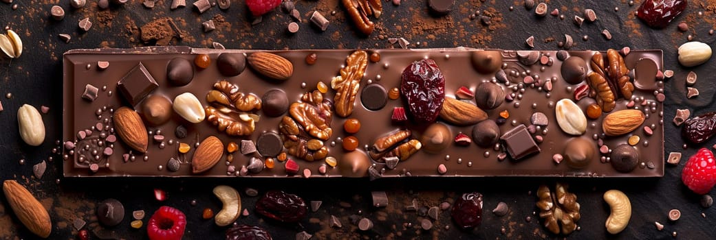 A chocolate bar adorned with nuts, raspberries, and chocolate, offering a rich and appetizing treat.