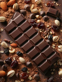 A gourmet chocolate bar surrounded by a variety of nuts and dried cherries, creating a visually appetizing display.