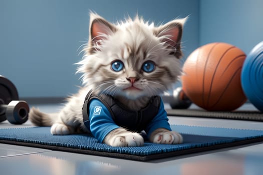 cute Ragdoll cat doing fitness in the gym .