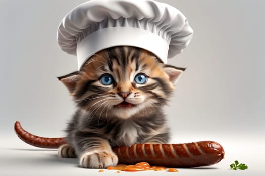 cute cat in a chef's hat with cooked meat sausage .