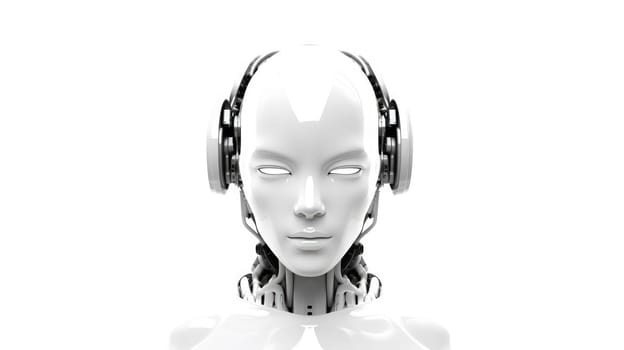 Smart android head close up with humanoid features. Futuristic robot face concept with white sleek design. AI and robotics concept for design and technology. Artificial intelligence concept. AIG35.