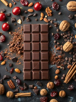 A bar of chocolate is surrounded by nuts, cranberries, and cherries in a high-detail, natural setting.