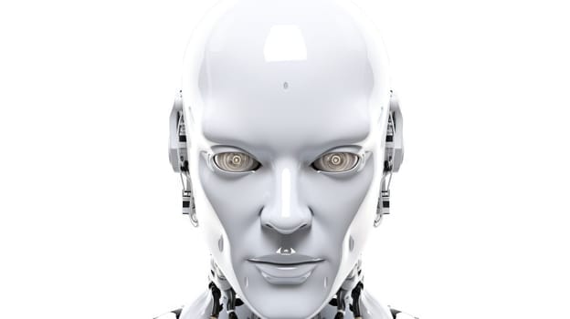 Smart android head close up with humanoid features. Futuristic robot face concept with white sleek design. AI and robotics concept for design and technology. Artificial intelligence concept. AIG35.