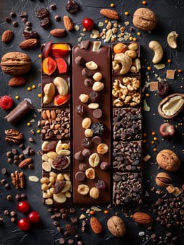 A chocolate bar covered in nuts and additional chocolate, creating a rich and indulgent treat.