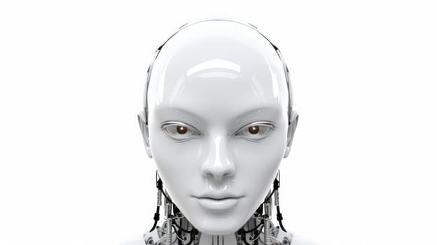 Smart android head close up with humanoid features. Futuristic robot face concept with white sleek design. AI and robotics concept for design and technology. Artificial intelligence concept. AIG35.