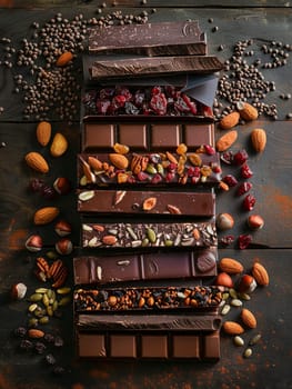 A detailed chocolate bar with nuts and chocolate arranged on a table, showcasing rich textures and natural ingredients.