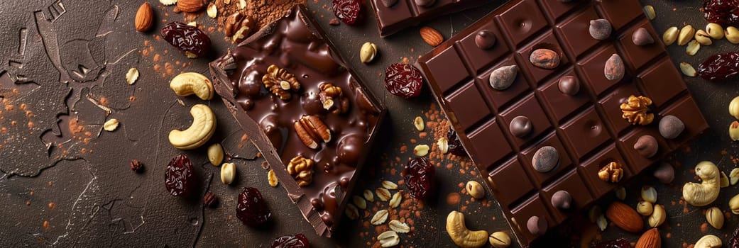 A gourmet chocolate bar topped with a variety of nuts and cranberries, showcasing rich textures and natural ingredients.