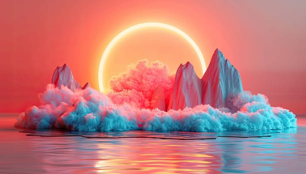 A mountain range with a pink and orange sky and a large circle in the middle by AI generated image.