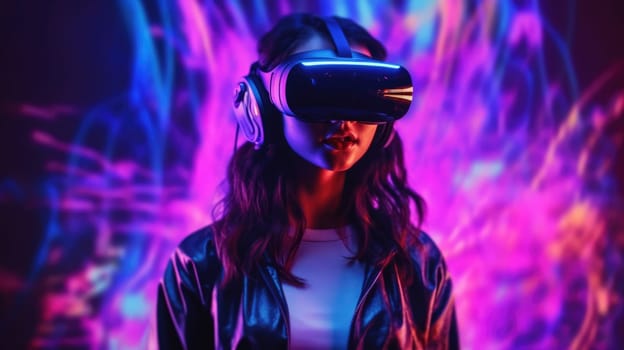 People wearing VR goggle while enter metaverse with neon color background. People with VR headset against abstract neon pattern background. Concept of virtual reality and futuristic technology. AIG35.