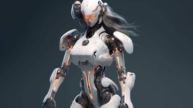 Close up of a female android face with futuristic robotic details and glowing elements. Beautiful female robotic humanoid face wear robotic gear with blurring futuristic background. Technology. AIG35.