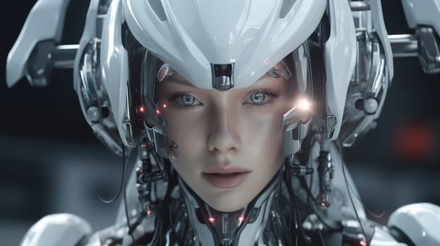 Close up of a female android face with futuristic robotic details and glowing elements. Beautiful female robotic humanoid face wear robotic gear with blurring futuristic background. Technology. AIG35.