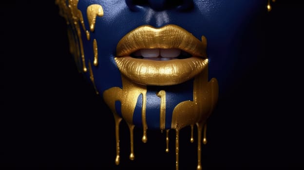 Portrait of a woman with dripping gold paint on blue skin. Close up of beautiful female face painted with stained blue and gold color. Conceptual art for beauty, fashion, and transformation. AIG35.