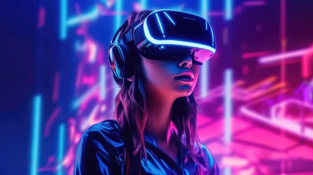 People wearing VR goggle while enter metaverse with neon color background. People with VR headset against abstract neon pattern background. Concept of virtual reality and futuristic technology. AIG35.