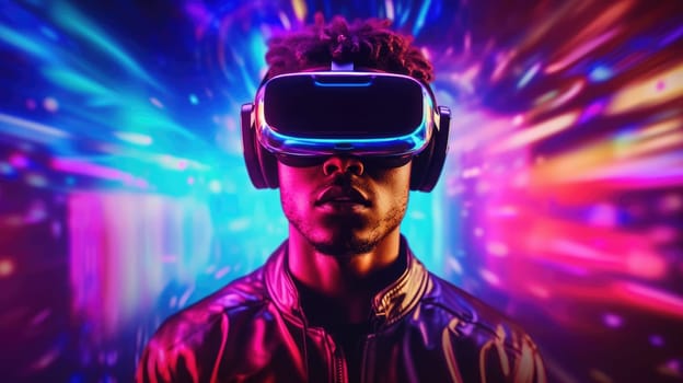 People wearing VR goggle while enter metaverse with neon color background. People with VR headset against abstract neon pattern background. Concept of virtual reality and futuristic technology. AIG35.