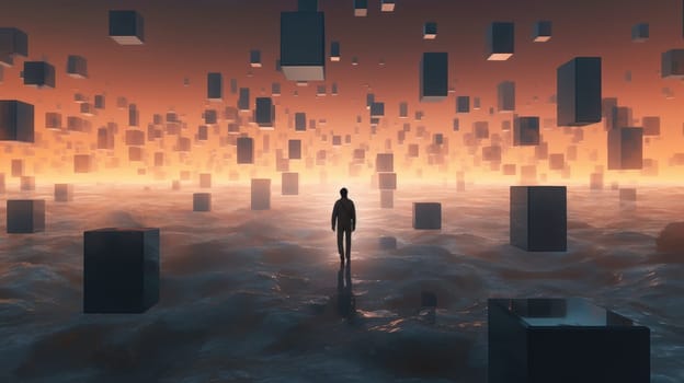 Person standing on a surreal landscape with floating geometric shapes. People walks while surrounded with cube floating around at night sky. Conceptual artwork for imagination and creativity. AIG35.