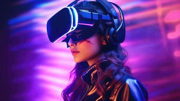 People wearing VR goggle while enter metaverse with neon color background. People with VR headset against abstract neon pattern background. Concept of virtual reality and futuristic technology. AIG35.