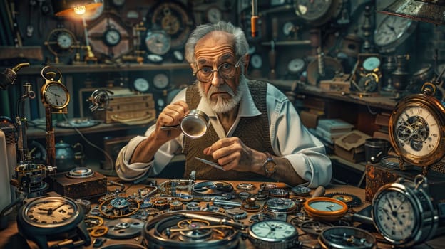 The picture of the adult professional watchmaker working inside workshop that has been filled with various kind of clock and watch, watchmaker need to use concentration and accuracy fix clock. AIG43.