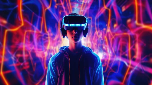 People wearing VR goggle while enter metaverse with neon color background. People with VR headset against abstract neon pattern background. Concept of virtual reality and futuristic technology. AIG35.