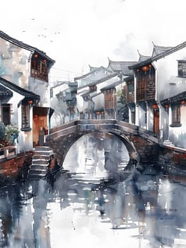 A stunning watercolor painting captures the charm of a small town with a bridge over a river. The buildings, liquid sky, and urban design are beautifully depicted in this landscape art