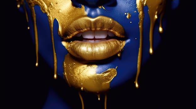 Portrait of a woman with dripping gold paint on blue skin. Close up of beautiful female face painted with stained blue and gold color. Conceptual art for beauty, fashion, and transformation. AIG35.