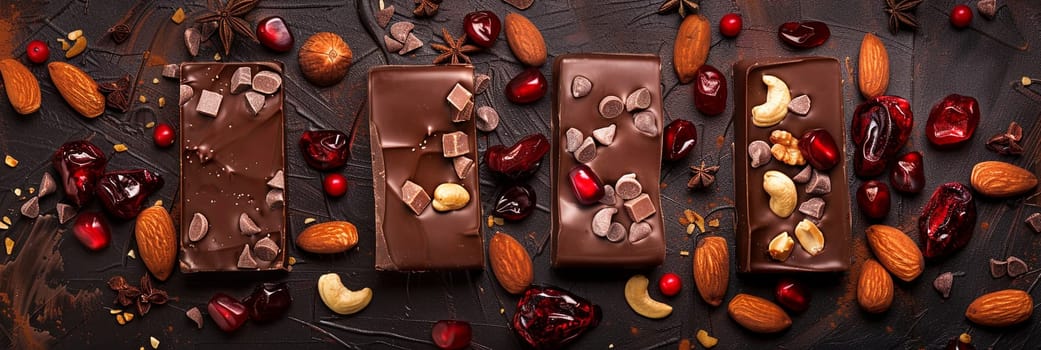 Rich chocolate bars topped with nuts and cherries displayed on a wooden table.