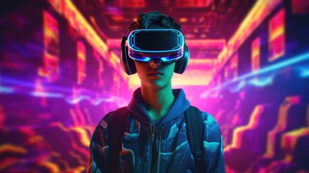 People wearing VR goggle while enter metaverse with neon color background. People with VR headset against abstract neon pattern background. Concept of virtual reality and futuristic technology. AIG35.