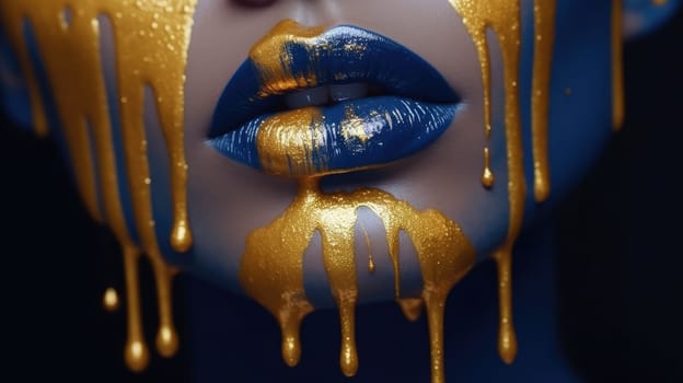 Portrait of a woman with dripping gold paint on blue skin. Close up of beautiful female face painted with stained blue and gold color. Conceptual art for beauty, fashion, and transformation. AIG35.