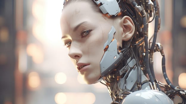 Close up of a female android face with futuristic robotic details and glowing elements. Beautiful female robotic humanoid face wear robotic gear with blurring futuristic background. Technology. AIG35.