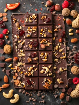 A chocolate bar topped with nuts, cranberries, and dried cherries creating a visually appealing and appetizing snack.