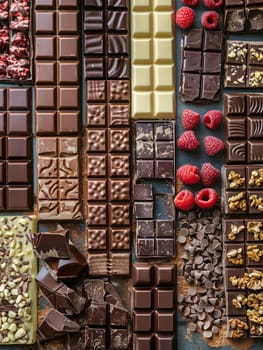 Various types of chocolates with raspberries and nuts elegantly arranged.
