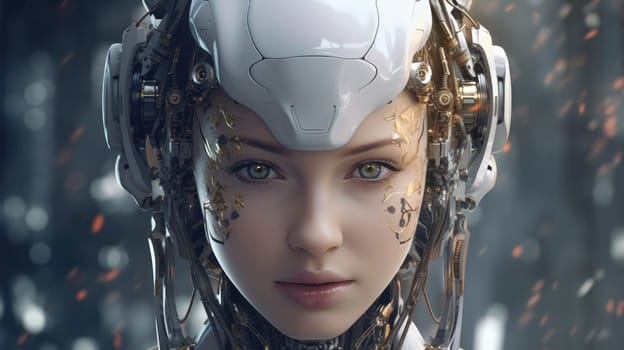 Close up of a female android face with futuristic robotic details and glowing elements. Beautiful female robotic humanoid face wear robotic gear with blurring futuristic background. Technology. AIG35.