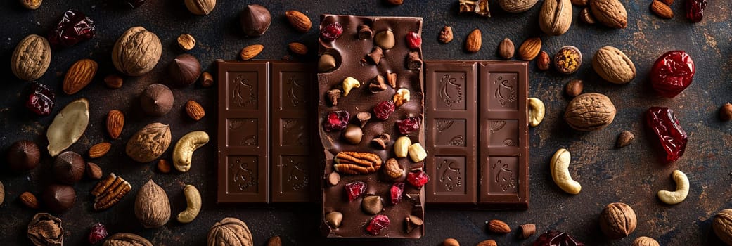 A chocolate bar covered in nuts and cranberries, showcasing rich textures and natural ingredients.