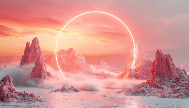 A mountain range with a pink and orange sky and a large circle in the middle by AI generated image.