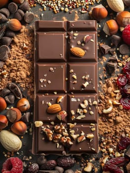 A bar of chocolate framed by an assortment of nuts and dried fruits, creating a delicious and textured display.