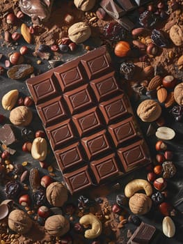 A bar of chocolate is surrounded by nuts and chocolate pieces, creating a tempting and visually appealing composition.