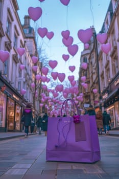 A purple bag with pink balloons on top of it. The balloons are heart shaped and are scattered around the bag. The scene gives off a festive and celebratory mood