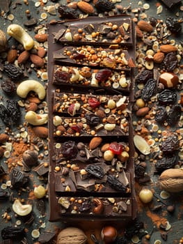 A chocolate bar generously topped with a variety of nuts and dried fruits, creating a delightful blend of flavors and textures.