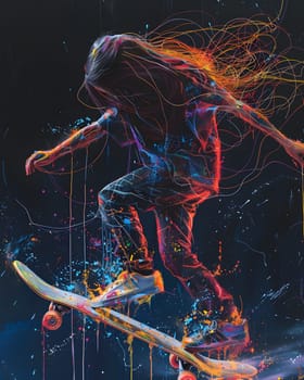 A vibrant CG artwork depicting a Musician riding a skateboard in Electric blue hues. This dynamic piece captures the essence of Music, Entertainment, and Performing arts