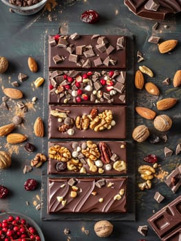 High-detail chocolate bar with nuts and cranberries, creating a rich texture and appetizing appearance.