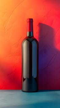 A glass bottle of red wine, sealed with a cork bottle stopper, sits on a table against a colorful background. This alcoholic beverage is ready to be enjoyed