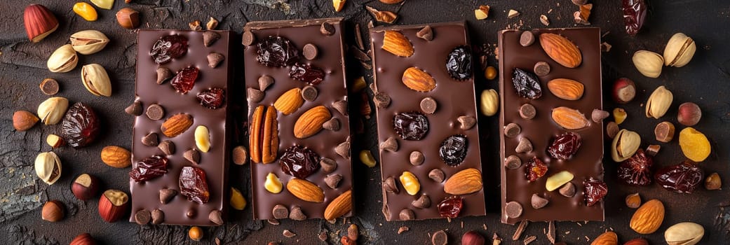 A chocolate bar topped with nuts and cranberries, showcasing rich textures and natural ingredients.