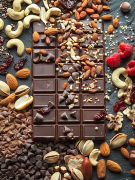 A chocolate bar rich in detail surrounded by a variety of nuts and dried berries, creating a natural and appetizing display.
